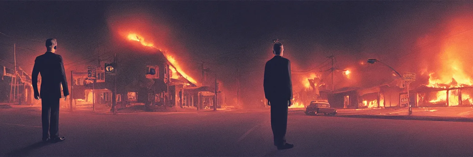 Image similar to detailed medium format photo, cinema still from movie lost highway, sleazy man watching night streets while a single house burns in the background, haze, americana, high production value, intricate details, 8 k resolution, hyperrealistic, hdr, photorealistic, high definition, tehnicolor, award - winning photography, masterpiece, amazing colors