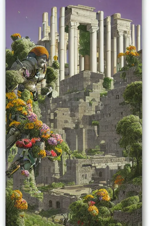 Image similar to mecha robot, hanging gardens of babylon, temple of artemis at ephesus, waterfalls, blooming hills with spring flowers and pillars by helen lundeberg