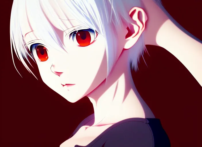 Image similar to anime visual, portrait of a white haired red eyed young girl in dark room, by ilya kuvshinov, yoshinari yoh, makoto shinkai, katsura masakazu, dynamic perspective pose, detailed facial features, kyoani, rounded eyes, crisp and sharp, cel shad, anime poster, ambient light