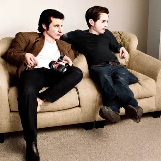 Image similar to john travolta and elijah wood sitting on a couch playing xbox ps 2