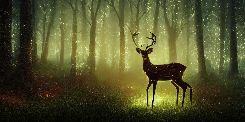 Image similar to a single deer in an ethereal electronic forest made from glowing circuits and electronics, highly detailed concept art, cinematic framing, 3 d, dark, moody, led