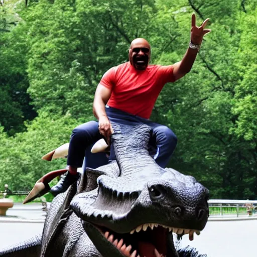 Prompt: steve harvey riding a dinosaur in central park