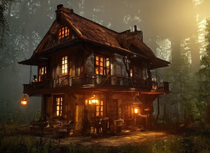 Prompt: house in a clearing in the middle of the forest, beautifully lit, steampunk, witcher cd projekt red