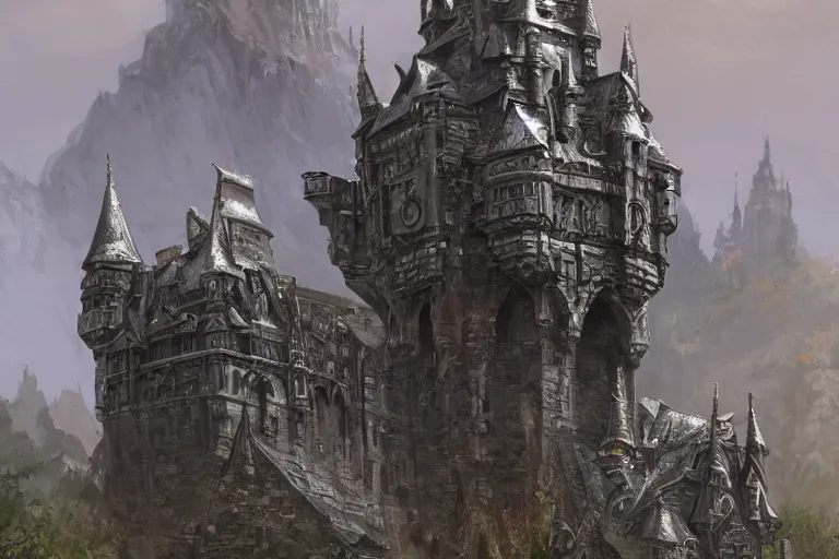 Prompt: A big iron keep overlooking the beautiful castle below it, metal, iron, texture, intricate, details, highly detailed, masterpiece, architecture, building, trending on artstation, focus, sharp focus, concept art, digital painting, fantasy, D&D, tabletop, rpg, roleplay