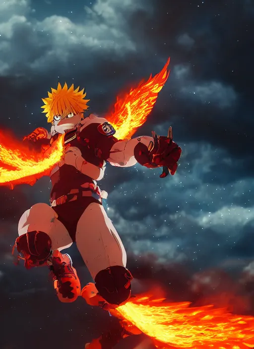 Image similar to Endeavor from my hero academia have flame wings and posing, anime, hyper realism, dark atmosphere, cinematic shot, intricate, ornate, photorealistic, ultra detailed, realistic, 100mm, photography, octane, high definition, depth of field, bokeh, 8k, artstation