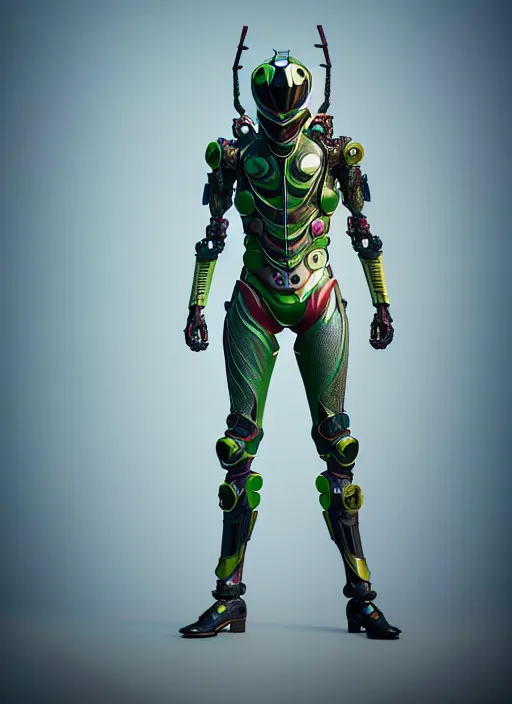 Image similar to kamen rider, more human structure insects concept art, intricate detail, insect compound eyes, hyperrealistic art and illustration by irakli nadar and alexandre ferra, unreal 5 engine highlly render, global illumination