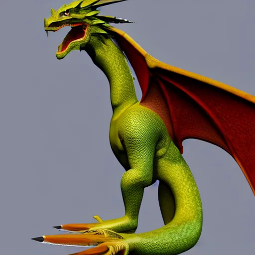 Prompt: a 3 d render of a greeb feathery male dragon with armwings and a spike at the tip of his tail