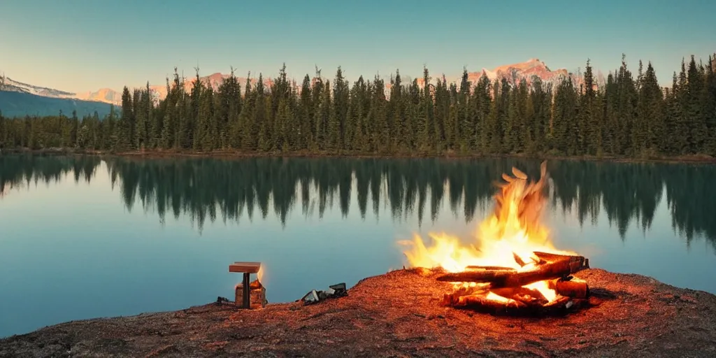 Prompt: a beautiful!!!!!!!! solitary campfire with a beautiful!!! lake in the background, no people, lonely landscape, trending on artstation, extremely high detail!!, highly detailed!!