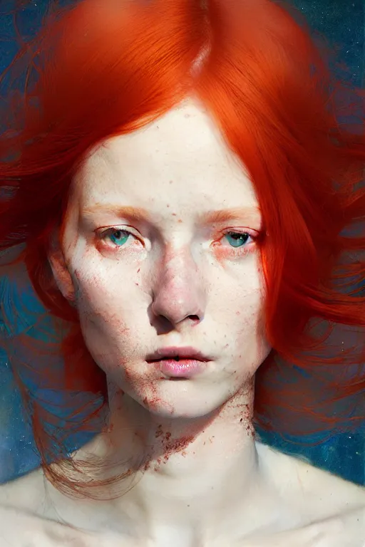 Image similar to of beautiful redhead female, beauty portrait by greg rutkowski, hilma af klint, moebius, victo ngai, sharp focus, global illumination, highly detailed, masterpiece, award winning, post processing