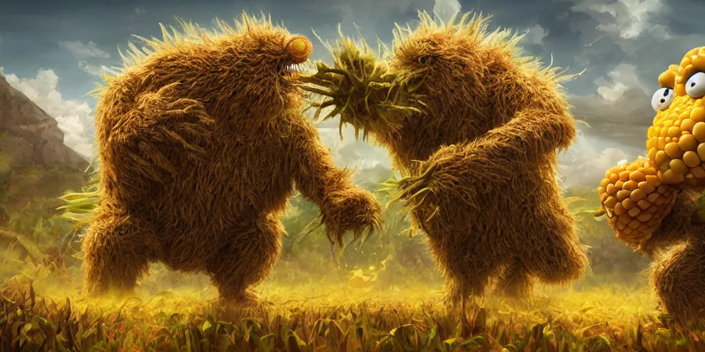 Prompt: corn-monster vs potatoe-monster fight, epic digital art illustration, wide angle, masterpiece, outstanding detail, illustration, colorgrading, LUTs, great composition