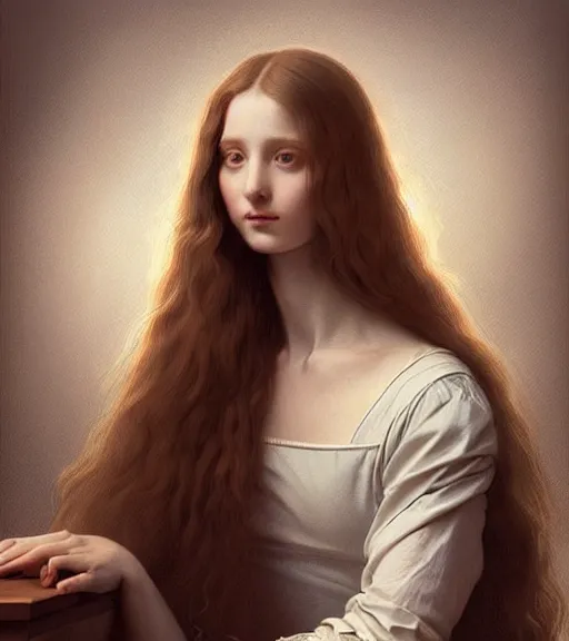 Prompt: portrait of a beautiful long - haired woman sitting upon a table with heightened detail, detailed facial expression, detailed surroundings, elegant, highly detailed, centered, digital painting, artstation, concept art, smooth, sharp focus, illustration, by ( leonardo da vinci ), wlop