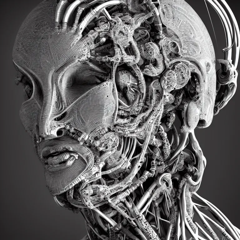 Prompt: surreal biomechanical spinal ribbed tribal exotic organic face portrait detail of mechanical cyborg, beautiful detailed intricate insanely detailed BW 3D render digital art, octane render, 8K artistic photography, photorealistic