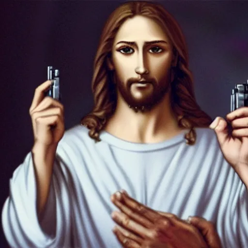 Image similar to jesus christ holding one pistol with each hand