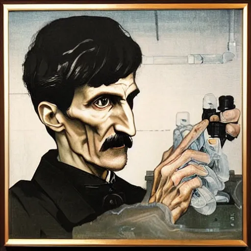 Prompt: portrait of nikola tesla in a laboratory, hanafuda oil on canvas by ivan shishkin, james jean and yoji shinkawa