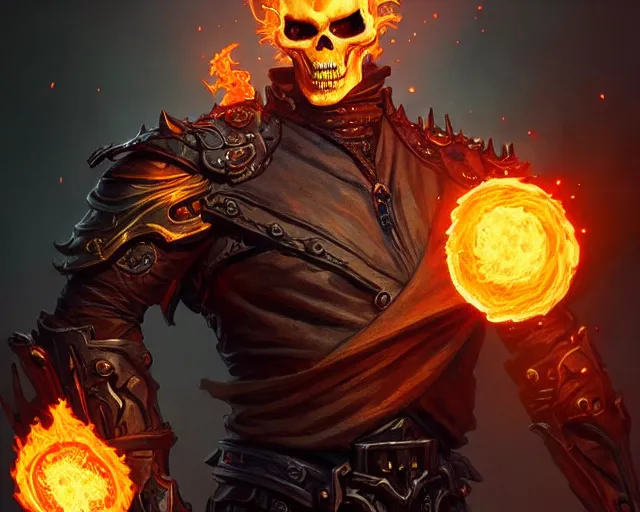 Image similar to a gaming screenshot still portrait of ghost rider, deep focus, d & d, fantasy, intricate, elegant, highly detailed, digital painting, artstation, concept art, matte, sharp focus, illustration, dark fantasy style art, hearthstone, art by artgerm and greg rutkowski and alphonse mucha