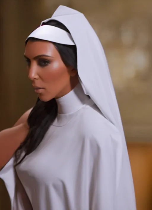 Image similar to a film still of kim kardashian as a nun with her bust slightly exposed. backround : church interior