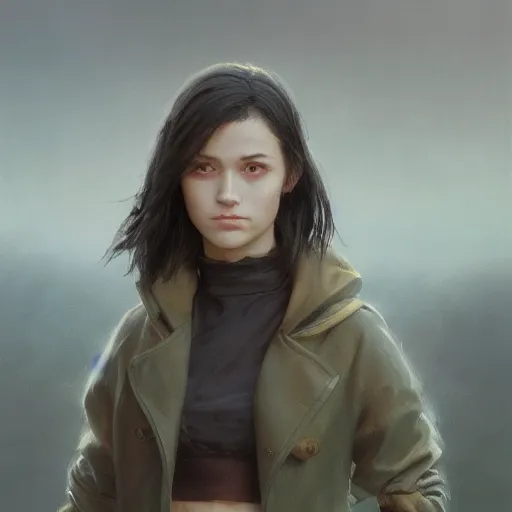 Image similar to upper body portrait of a girl from final fantasy live action, with short black hair and green eyes in a tan trenchcoat, award winning, masterpiece digital painting by greg rutkowski, alex grey, artstation, 4 k wallpaper,
