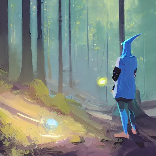 Prompt: medium shot painting of a blue - skinned wizard in a forest, by ismail inceoglu