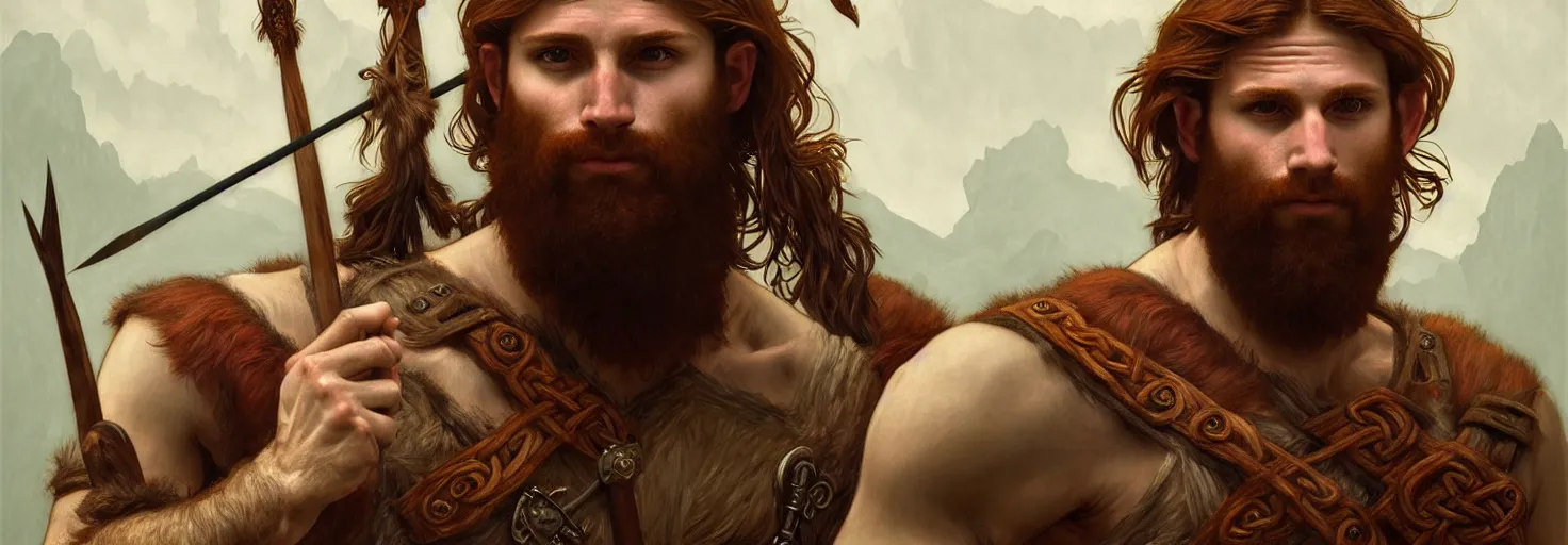 Prompt: renaissance upper body portrait of a gruff ranger with a spear, red haired celtic, lean and toned, handsome face, hairy chest, D&D, intricate, elegant, highly detailed, digital painting, artstation, concept art, matte, sharp focus, illustration, art by da Vinci, Artgerm and Greg Rutkowski and Alphonse Mucha