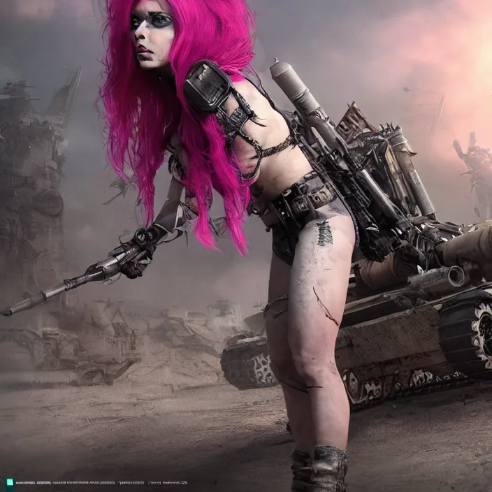 Image similar to beautiful realistic apocalyptic woman with pink Mohawk, standing on mad max panzer tank, 4k ultra hd, fantasy dark art, tank girl, artstation, octane render