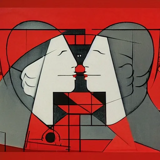 Image similar to two mechanical women kissing by el lissitzky, big tech corporate art style, memphis design, bauhaus