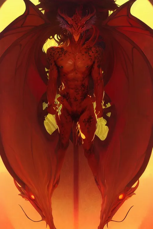 Image similar to full figure beautiful young fit antrophomorphic male dragon, frontal view, no wings, luminous scene, by greg rutkowski and alphonse mucha, d & d character, gradient yellow to red, in hell, highly detailed portrait, digital painting, artstation, concept art, smooth, sharp focus illustration, artstation hq