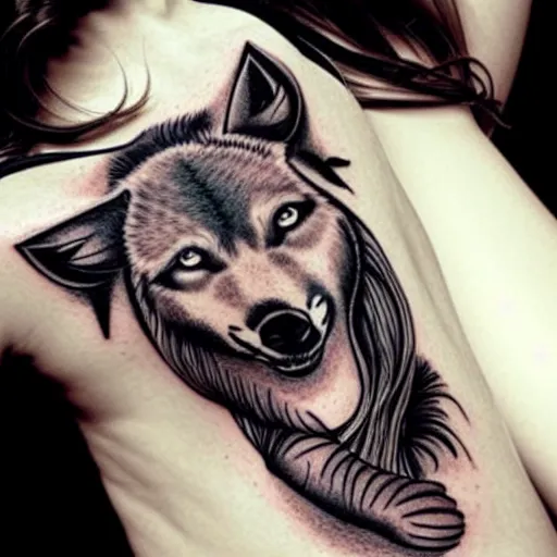 Prompt: a tattoo design of a beautiful girl under a wolf head, in the style of den yakovlev, hyper - realistic, amazing detail