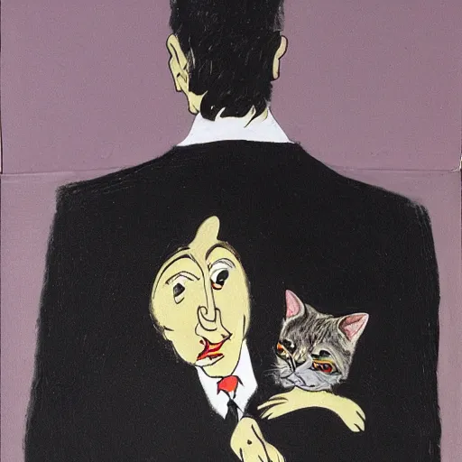 Image similar to a detailed portrait painting of a man with a cat on his back by gerald scarfe