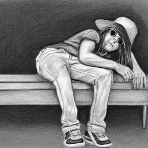 Image similar to pencil sketch of kid rock sleeping on a bench,