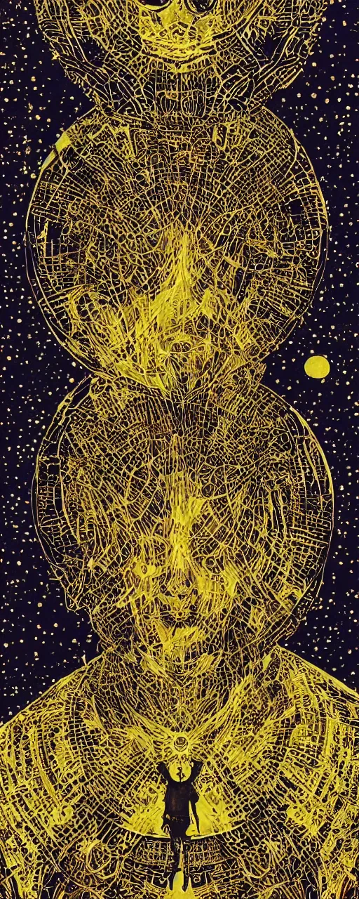 Image similar to disco diffusion portrait of Thom Yorke, on the moon:: cosmic tarot card, intricate fractal details, golden lines, broken reality, fanciful floral mandelbulb, black paper, style of wes anderson