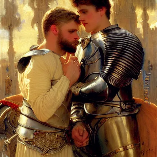 Image similar to attractive fully clothed arthur pendragon confesses his love for his attractive fully clothed male knight. highly detailed painting by gaston bussiere and j. c. leyendecker 8 k