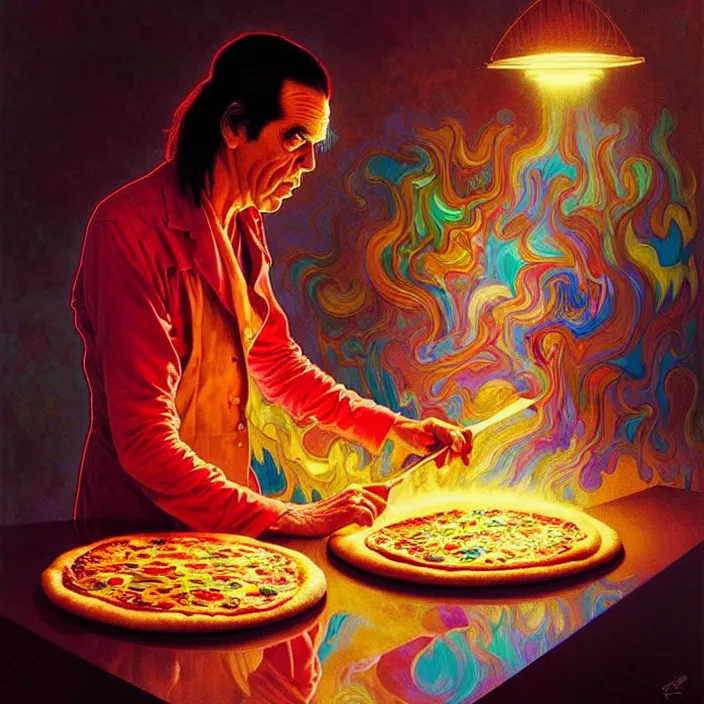 Image similar to bright psychedelic portrait of nick cave baking a pizza, diffuse lighting, fantasy, intricate, elegant, highly detailed, lifelike, photorealistic, digital painting, artstation, illustration, concept art, smooth, sharp focus, art by John Collier and Albert Aublet and Krenz Cushart and Artem Demura and Alphonse Mucha