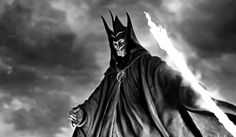 Image similar to the dark lord sauron, fire, in the style of akira kurosawa, cinematic, dramatic lighting, black and white, film grain