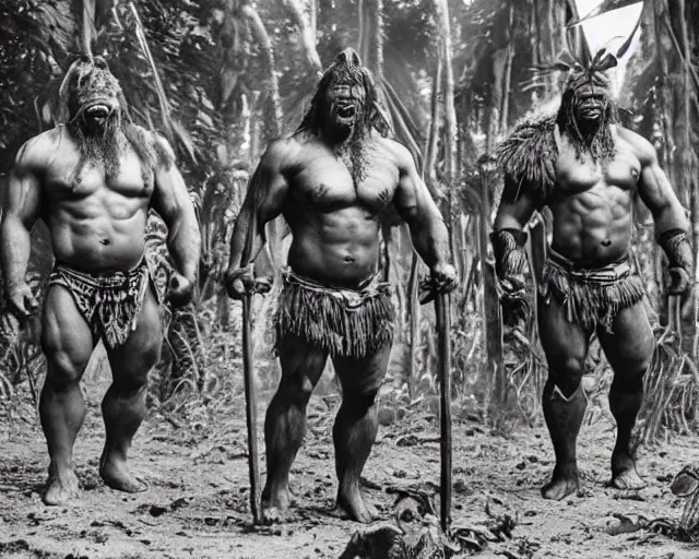 Image similar to hyper realistic group vintage photograph of a live action warcraft orc warrior tribe in the jungle, tall, hulk like physique, detailed faces, tribal paint, tribal armor, grain, old, monochrome, sepia toned, realistic lighting, wide angle