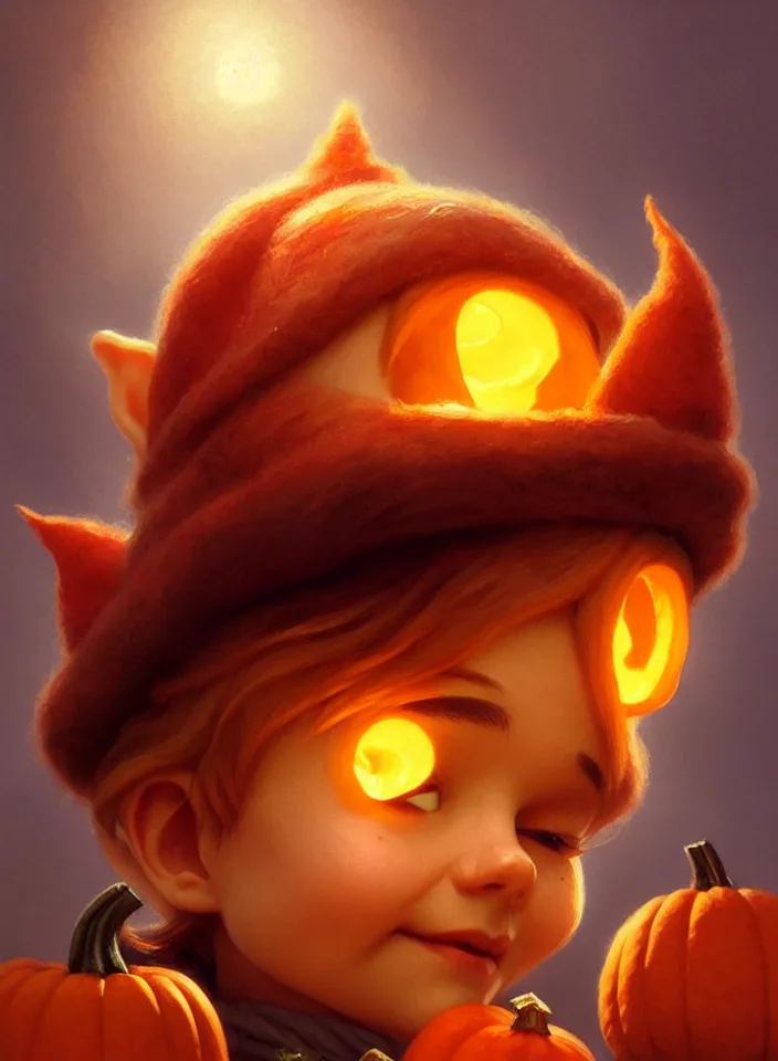 Image similar to hand drawn cute one gnomes face in autumn and pumpkin, detailed closeup face, concept art, low angle, high detail, warm lighting, volumetric, godrays, vivid, beautiful, trending on artstation, art by artgerm and greg rutkowski and alphonse mucha