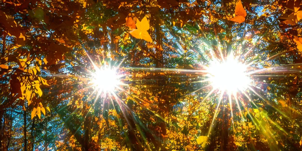 Prompt: a 3 5 mm lomography long shot photo of wizard hold clear glass fresnel ball in the sunshine autumn forest, falling autumn leaves are reflected in the ball, foggy bottom, god rays, ultrasharp, detailed, cinematic