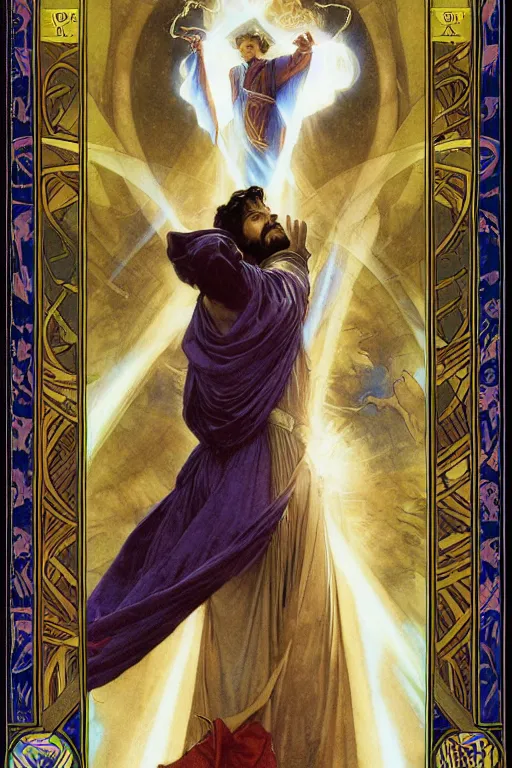 Prompt: An Epic Tarot Card of Dr. strange casting dynamic powerful spell. lit by dark evil magic portal, amazing colour harmony and variation, simple background, by Donato Giancola, William Bouguereau, John Williams Waterhouse, tarot card border made of rare sentient opalescent cosmic ivory by Alphonse Mucha