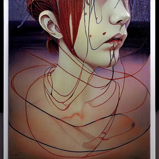 Prompt: prompt: Fragile looking vessel portrait face drawn by Katsuhiro Otomo, nymph in the water performing alchemy, intricate oil painting, soft dark light, intricate detail, intricate oil painting detail, sharp high detail, manga and anime 2000