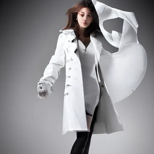 Prompt: white trench coat, technology, fantasy, clothing design