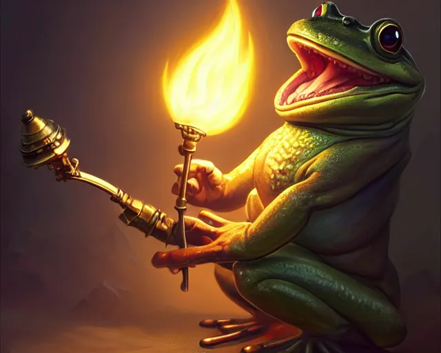 Prompt: an anthropomorphic frog shopkeeper from final fantasy, holding a torch, deep focus, d & d, fantasy, intricate, elegant, highly detailed, digital painting, artstation, concept art, matte, sharp focus, illustration, hearthstone, art by artgerm and greg rutkowski and alphonse mucha