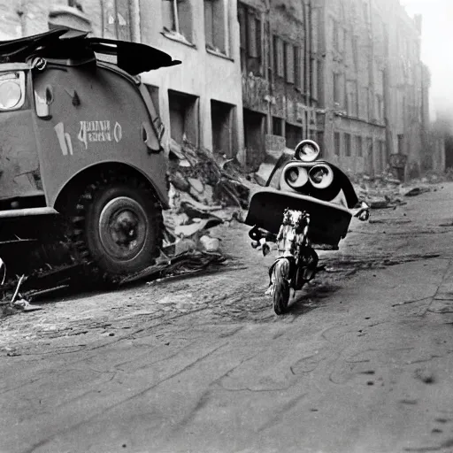 Prompt: minions from despicable me ridding a half - track motorcycle with a single front wheel, better known as the kleines kettenkraftrad hk 1 0 1, in the empty and destroyed london, circa 1 9 3 9, 4 k hd