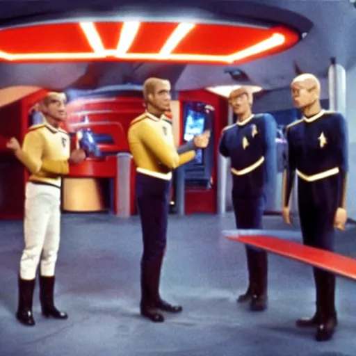 Image similar to French Fries as Star Trek Characters fighting Star fleet officers in the mess, still from star trek,