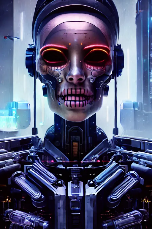 Image similar to beautiful crying! female mechanical android!, half portrait, intricate detailed environment, photorealistic!, octane render, concept art, cinematic, interstellar, ultra detailed, sharp, el dia los muertos!, cyberpunk, bladerunner, 8 k, by angus mckie, moebius, maciej kuciara, stanley lau, artgerm, greg rutkowski