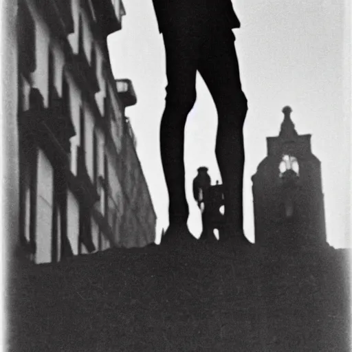 Prompt: dslr tall figure standing at the end of a barcelona cobbled road, noir, 1 8 9 0 film