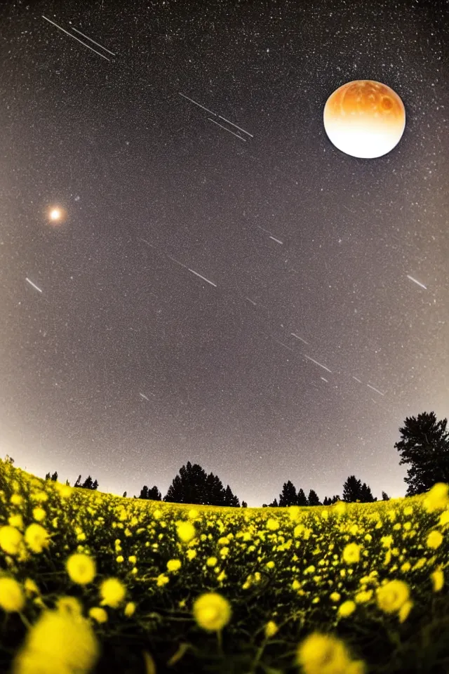 Prompt: low angle, shot from below. two very large moons in night sky. milky way in the night sky. 3 0 second shot. heavy meteor shower. field of big frozen yellow flowers. f 1. 8 lens, lens flare, bokeh. high detail