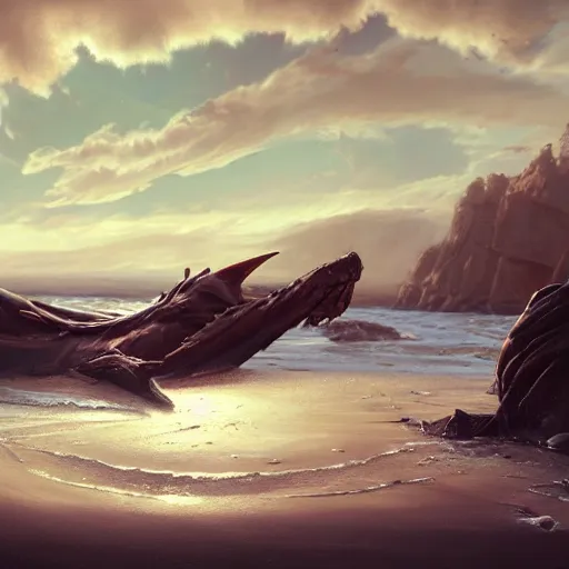 Image similar to a dying beached sea dragon washing up on the shore of a beach by jaime jones, cgsociety, fantasy art, concept art, artstation hd, deviantart hd. highly detailed. dramatic light. masterpiece