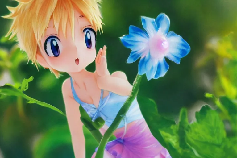 Prompt: (small anime Tinkerbell) kissing a big flower, hyper realism, macro shot