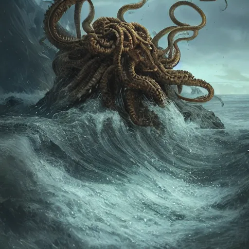 Image similar to a kraken rising out of a stormy sea, au naturel, hyper detailed, digital art, trending in artstation, cinematic lighting, studio quality, smooth render, unreal engine 5 rendered, octane rendered, art style by klimt and nixeu and ian sprigger and wlop and krenz cushart