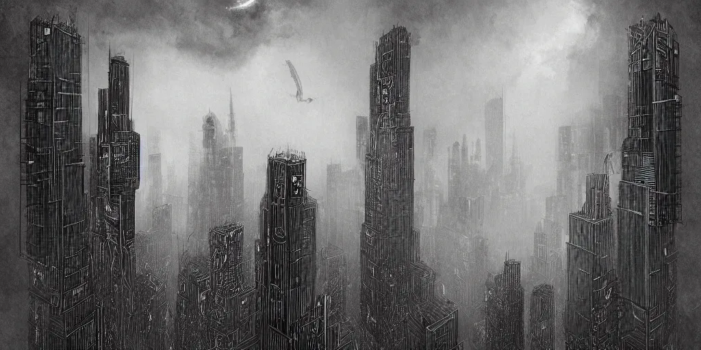 Prompt: in the black storm, dystopic cyclopean skyscrapers in the mist, huge lovecraftian horror, on a darkling plain, drawn by nicholas delort!! graphic black and white, low camera, wide angle, centered composition, golden ratio