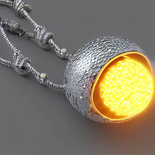 Image similar to 3 d silver beserk behelit pendant with glowing eyes, futuristic jewelry on wheat chain necklace, high definition, octane render, studio lighting